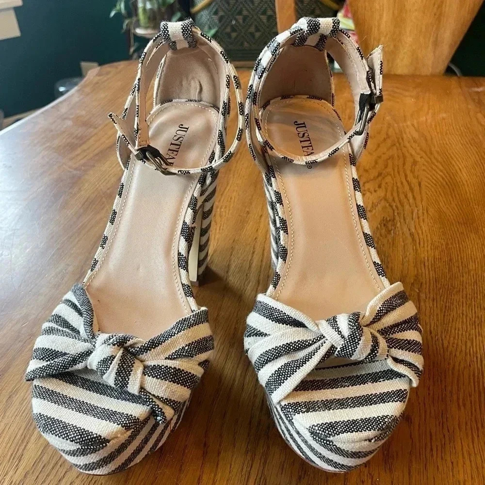 JustFab Black and White Striped Knotted Platform Heels - Picture 2 of 8